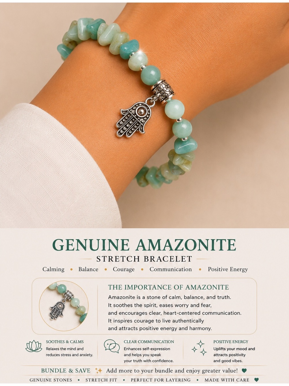 2 for $30 Amazonite  Genuine Stone, Layering Stretch Bracelet